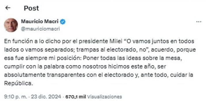 Macri le respondió a Milei sobre lo de unificar listas: 