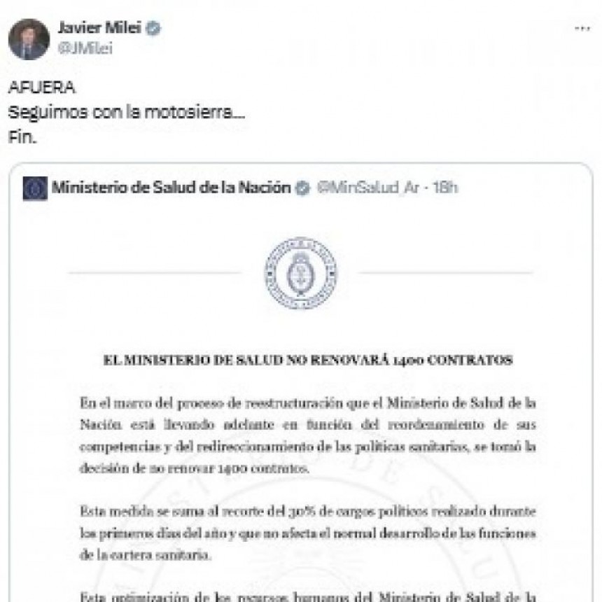 El presidente celebró la no renovación de 1.400 contratos en el área de Salud: 