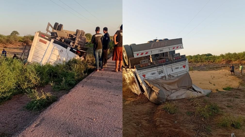 Accidente vial en Ruta 21: un camión volcó cerca de Tacañitas y hubo importantes daños