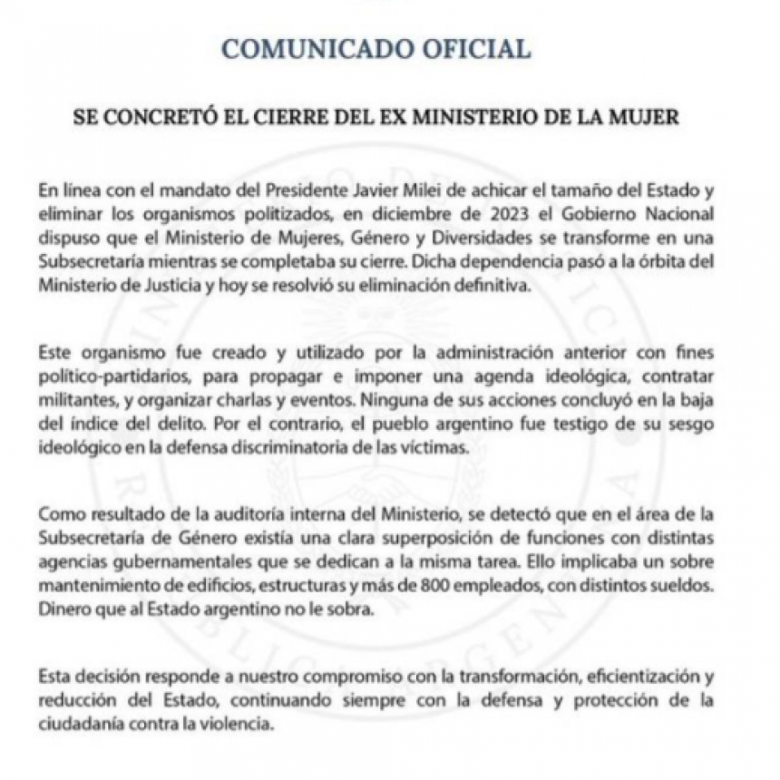 El Gobierno anunció el cierre definitivo del ex Ministerio de Mujeres