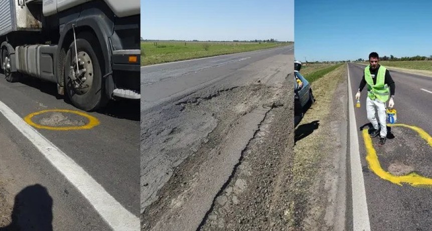 Ruta Nacional 11: por su estado j&oacute;venes se&ntilde;alizaron baches
