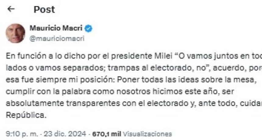 Macri le respondió a Milei sobre lo de unificar listas: 